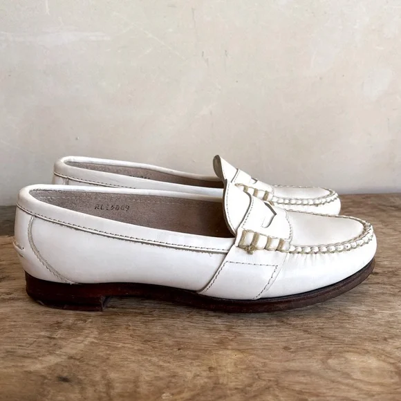 RALPH LAUREN Vtg White Leather Loafer Woman’s 7.5B Bench Made Maine USA RARE